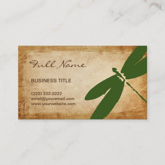 Green Dragonfly Business Card | Rustic Parchment (Front)