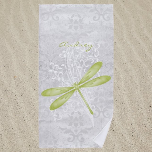 Green Dragonfly Personalised Beach Towel (Green Dragonfly Personalized Beach Towel)