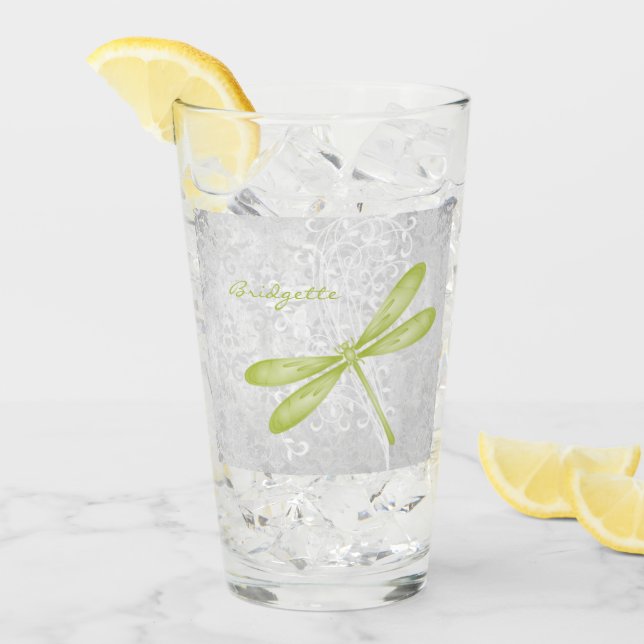 Green Dragonfly Personalised Glass Cup (Front Ice)