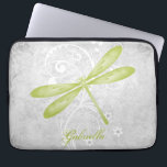 Green Dragonfly Personalized Laptop Sleeve<br><div class="desc">Protect your laptop while you're on the go with a Green Dragonfly Personalized Laptop Sleeve. Sleeve design features a colorful dragonfly, a soft white floral vine against a light gray grunge damask background with an area to personalize with your name. Additional gift items available with this design as well as...</div>