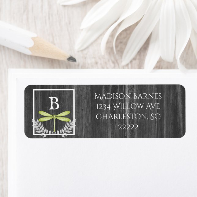 Green Dragonfly Rustic Label (Insitu)