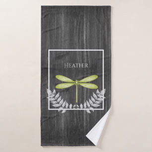 Green Dragonfly Rustic Personalised Bath Towel Set