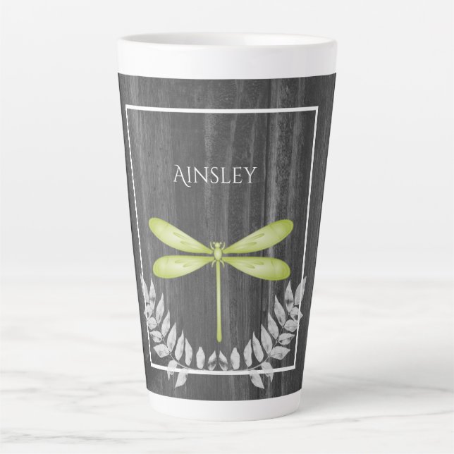 Green Dragonfly Rustic Personalised Latte Mug (Front)