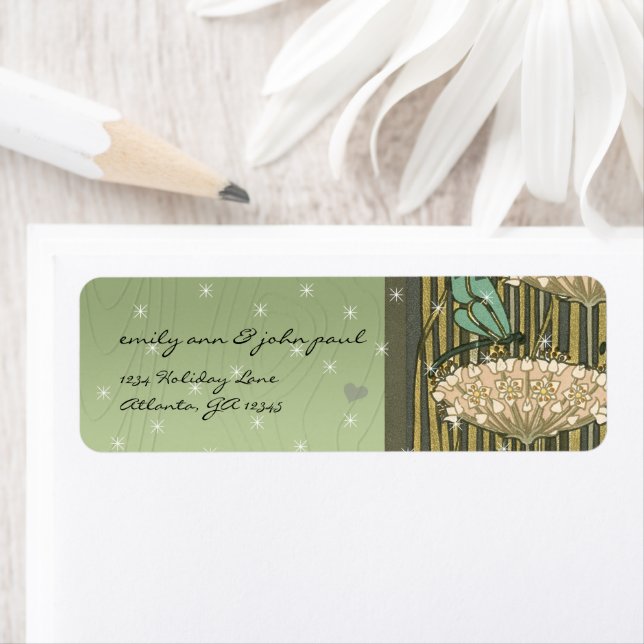 Green Dragonfly Stars Floral Return Address Labels (Insitu)