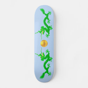Green Dragons with Golden Ball on Light Blue Skateboard