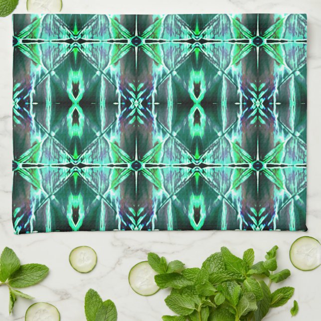 Green drawing repetition generating various shapes tea towel (Folded)