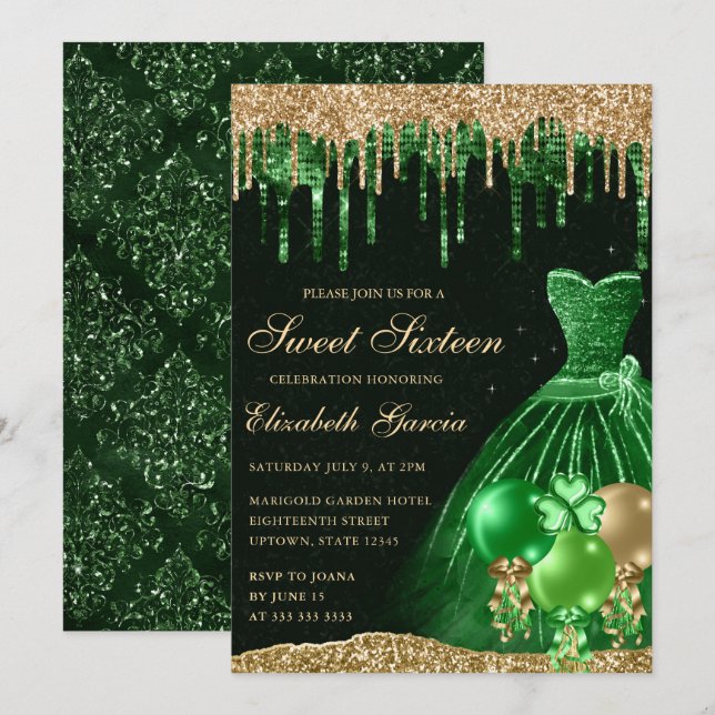 Green Dress and Gold Dripping Glitter Sweet 16 Invitation (Front/Back)