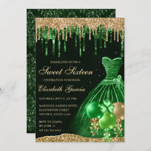 Green Dress and Gold Dripping Glitter Sweet 16 Invitation