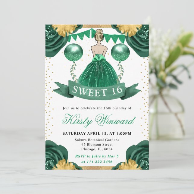 Green Dress Blonde Hair Princess Sweet 16 Invitation (Standing Front)