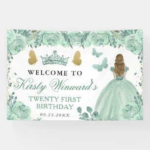 Green Dress Blonde Haired Princess Floral Birthday Banner