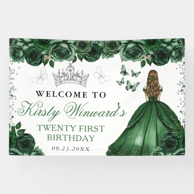 Green Dress Blonde Princess Floral Birthday Banner (Horizontal)