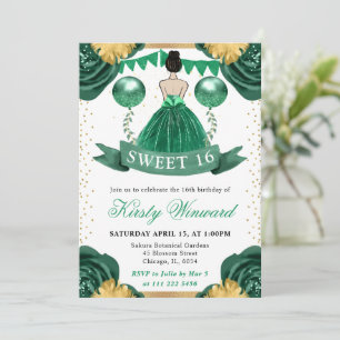 Green Dress Brunette Hair Princess Sweet 16 Invitation