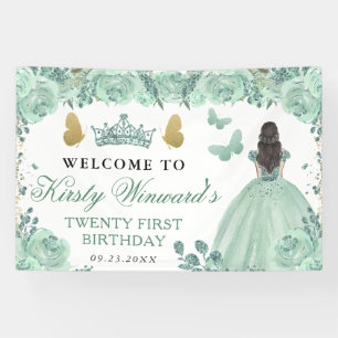 Green Dress Brunette Princess Floral Birthday Banner