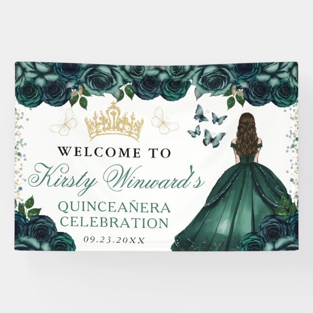 Green Dress Brunette Princess Floral Quinceanera Banner (Horizontal)