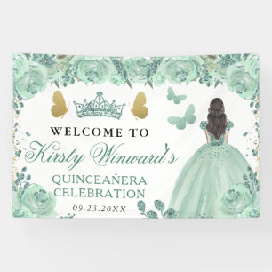 Green Dress Brunette Princess Floral Quinceanera Banner