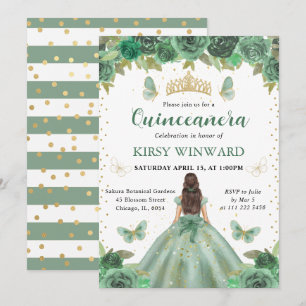 Green Dress Brunette Princess Quinceanera Invitation