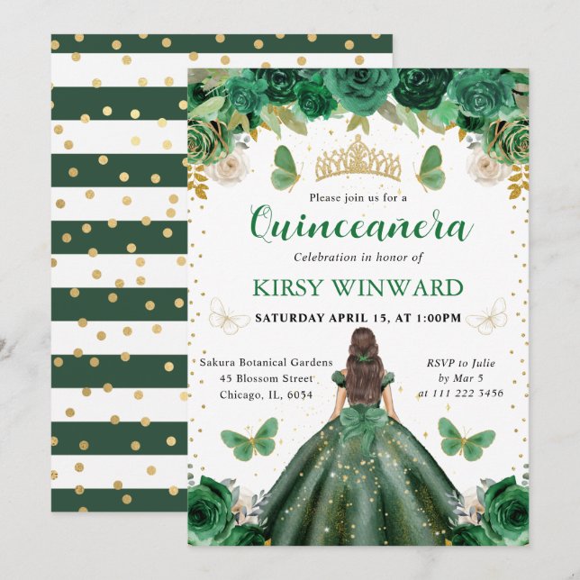 Green Dress Brunette Princess Quinceanera Invitation (Front/Back)