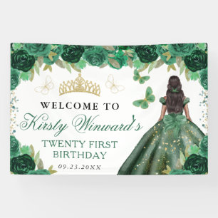 Green Dress Dark Skin Princess Floral Birthday Banner