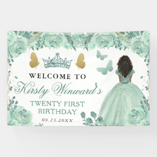 Green Dress Dark Skin Princess Floral Birthday Banner