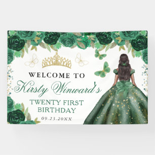 Green Dress Dark Skin Princess Floral Birthday Banner
