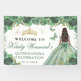 Green Dress Dark Skin Princess Floral Quinceanera Banner