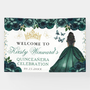 Green Dress Dark Skin Princess Floral Quinceanera Banner