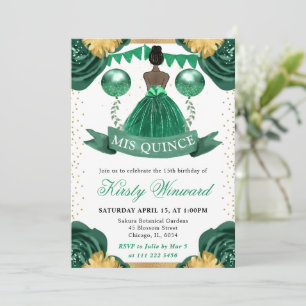 Green Dress Dark Skin Princess Quinceanera Invitation