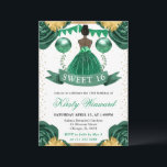 Green Dress Dark Skin Princess Sweet 16 Invitation<br><div class="desc">Elegant watercolor dark skin princess in emerald green dress design with green and gold flowers,  balloons and gold glitter confetti.</div>