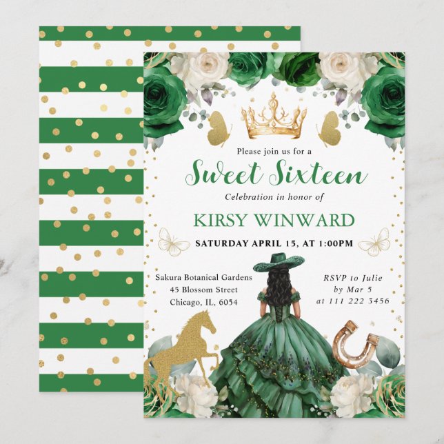 Green Dress Dark Skin Western Princess Sweet 16 Invitation (Front/Back)