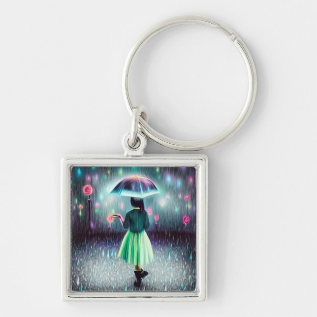 Green Dress Girl in the Rain Key Ring (Front)
