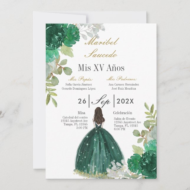 Green dress quinceañera  invitation (Front)