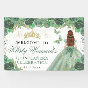 Green Dress Red Haired Princess Floral Quinceanera Banner