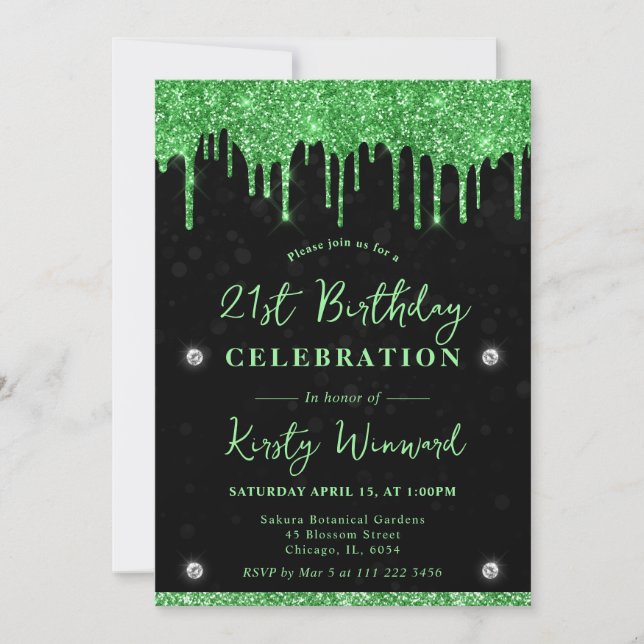 Green Dripping Glitter Black Bokeh 21st Birthday Invitation (Front)