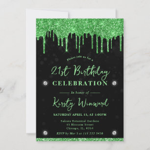 Green Dripping Glitter Black Bokeh 21st Birthday Invitation