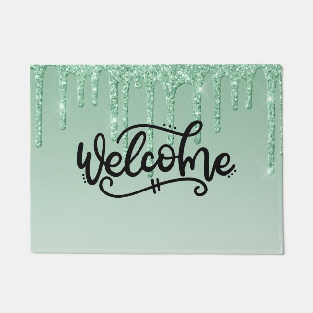 Green Dripping Glitter Welcome Doormat (Front)