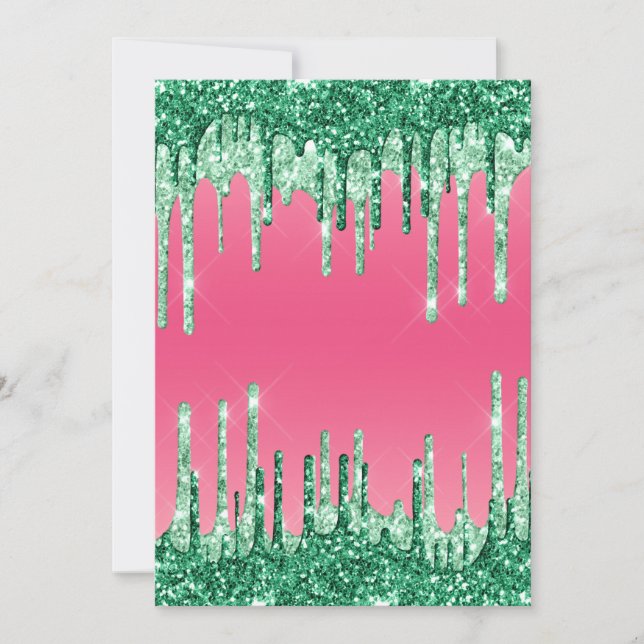 Green Dripping Glitters Chic Pink Watermelon Colou Invitation (Front)