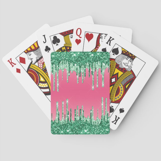 Green Dripping Glitters Chic Pink Watermelon Colou Playing Cards (Back)