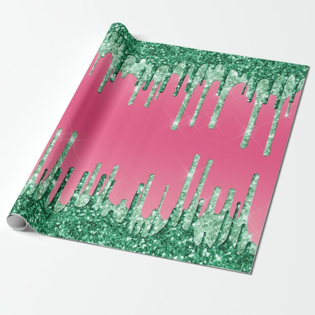 Green Dripping Glitters Chic Pink Watermelon Colou Wrapping Paper (Unrolled)