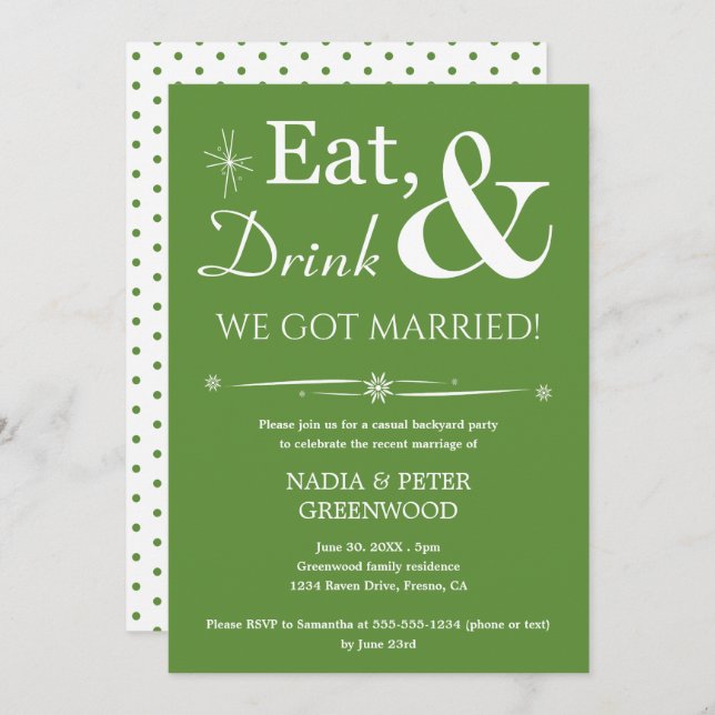 Green Eat Drink We Got Married Elopement Party Invitation (Front/Back)