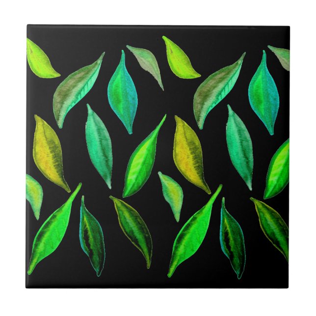 Green eco leaves watercolor leaf art tile (Front)