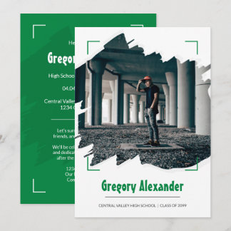 Green Edgy Abstract Brushstroke Photo Graduation Invitation