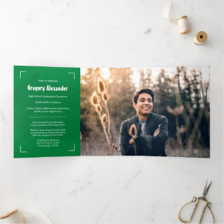 Green Edgy Abstract Brushstroke Photo Graduation Tri-Fold Invitation