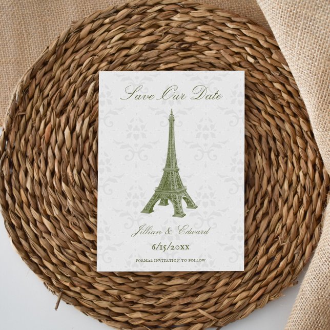 Green Eiffel Tower Damask Save The Date Announcement (Green Eiffel Tower Damask Save the Date)