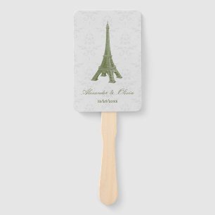 Green Eiffel Tower Damask Wedding Favour Hand Fan