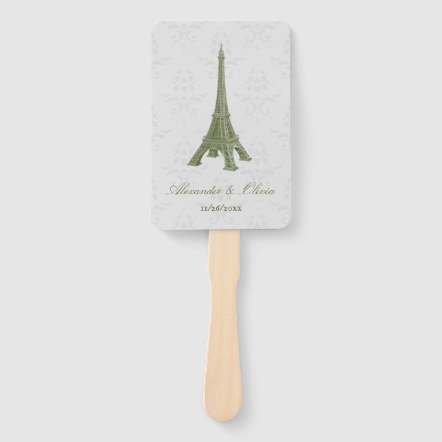 Green Eiffel Tower Damask Wedding Favour Hand Fan (Front)