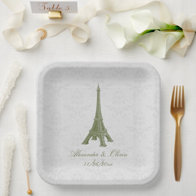 Green Eiffel Tower Damask Wedding Shower Paper Plate (Wedding)