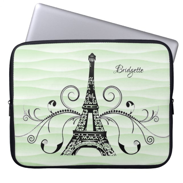 Green Eiffel Tower Flourish Laptop Sleeve (Front)