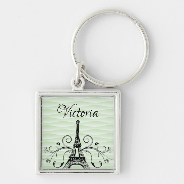 Green Eiffel Tower Flourish Square Keychain (Front)