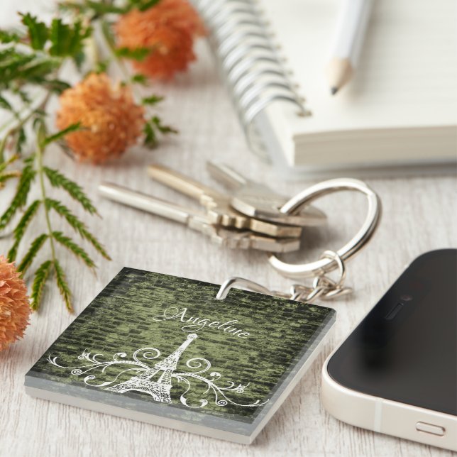 Green Eiffel Tower Grunge Keychain (Front Right)