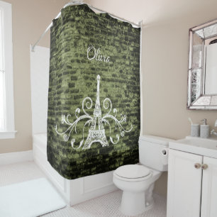 Green Eiffel Tower Grunge Shower Curtain